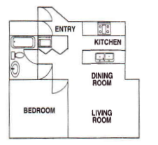 Floor plan for 1 bed, 1 bath, 600 sqft